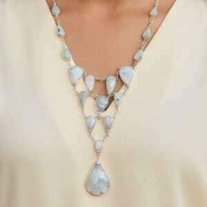 Larimar Stone Bib Necklace Blue Gemstone Statement Necklace Boho Artisan 18"